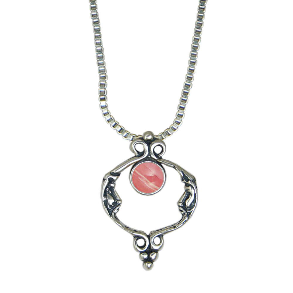 Sterling Silver Unusual Double Moon Necklace With Rhodocrosite